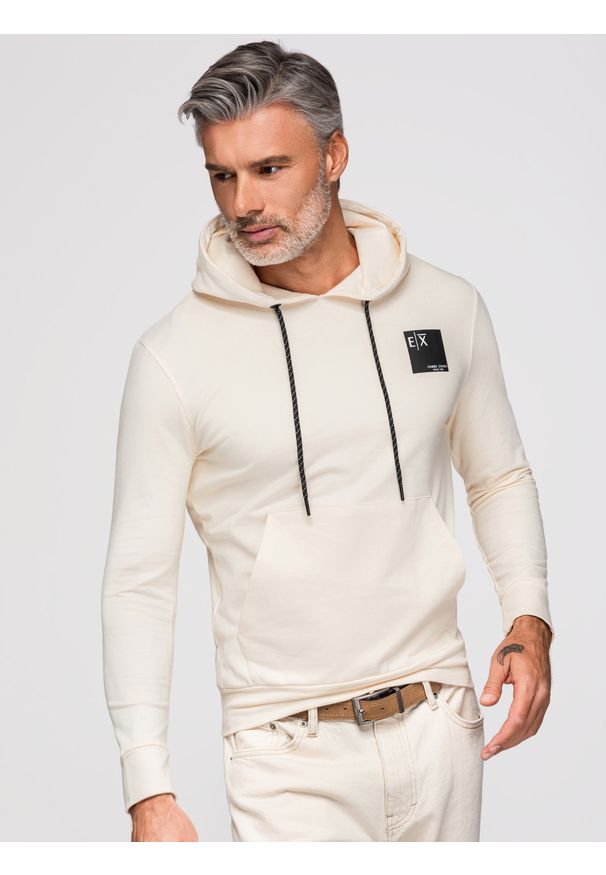 Ombre Clothing - Bluza męska kangurka z kapturem i logotypem – kremowa V2 - Rozmiar: XXL. Typ kołnierza: kaptur. Kolor: kremowy. Materiał: bawełna, dzianina. Wzór: jednolity, nadruk