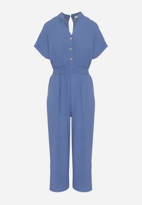 Born2be - Granatowy Kombinezon z Wiskozy z Gumką w Talii i Dekoltem w Serek z Guzikami Nisella. Okazja: na co dzień. Kolor: niebieski. Materiał: wiskoza. Długość rękawa: krótki rękaw. Długość: krótkie. Styl: elegancki, casual #4