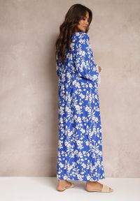 Renee - Niebieska Narzutka Sukienka Maxi z Koronkowymi Wstawkami i Wiązaniem w Talii Royaltia. Okazja: na co dzień. Kolor: niebieski. Materiał: koronka. Długość rękawa: długi rękaw. Długość: długie. Styl: casual #3