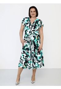 Sukienka Model Lamira Ecru/Green - Jersa. Okazja: na ślub cywilny, na imprezę, na wesele. Typ sukienki: kopertowe. Styl: klasyczny, elegancki. Długość: midi