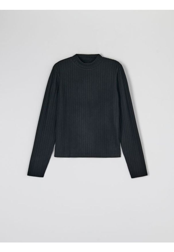 Sinsay - Koszulka ze stójką - czarny. Typ kołnierza: kołnierzyk stójkowy. Kolor: czarny. Materiał: materiał, prążkowany, włókno