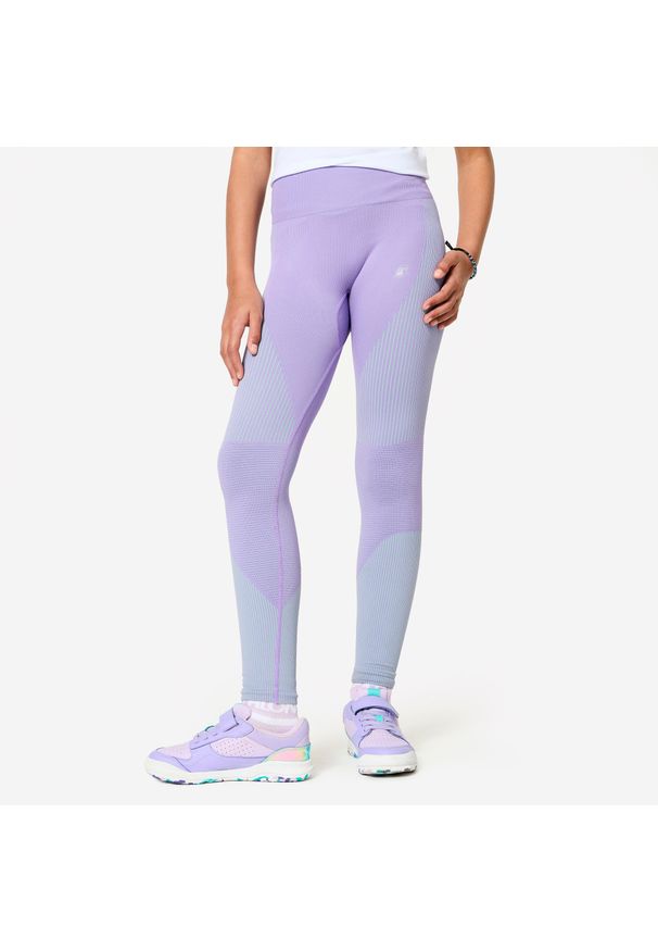 Decathlon - Legginsy fitness dziecięce Domyos. Kolor: zielony, wielokolorowy, fioletowy. Materiał: materiał, poliamid, poliester, elastan