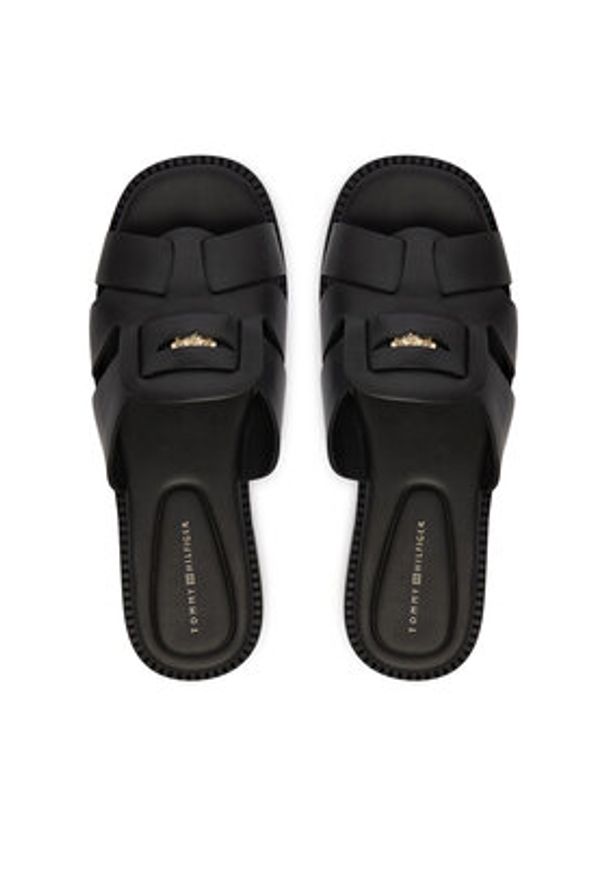 TOMMY HILFIGER - Tommy Hilfiger Klapki Leather Crest Square Toe Sandals FW0FW09126 Czarny. Kolor: czarny. Materiał: skóra