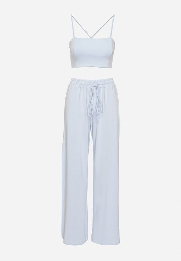 Born2be - Niebieski Komplet z Wiskozą Top z Wiązaniem i Szerokie Spodnie z Rozcięciami Zirellia. Kolor: niebieski. Materiał: wiskoza