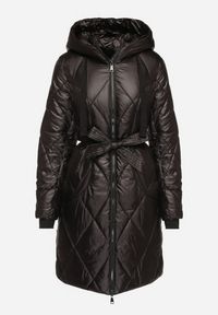 Born2be - Czarna Kurtka Pikowana o Długim Fasonie z Paskiem w Talii i Kapturem Zalinka. Okazja: na co dzień. Kolor: czarny. Materiał: jeans. Długość: długie. Styl: klasyczny, casual, elegancki #3