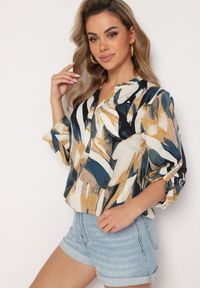 Born2be - Beżowo-Żółta Bluzka w Abstrakcyjny Wzór z Podpinanymi Rękawami Xaliana. Okazja: na co dzień. Kolekcja: plus size. Kolor: beżowy. Styl: casual