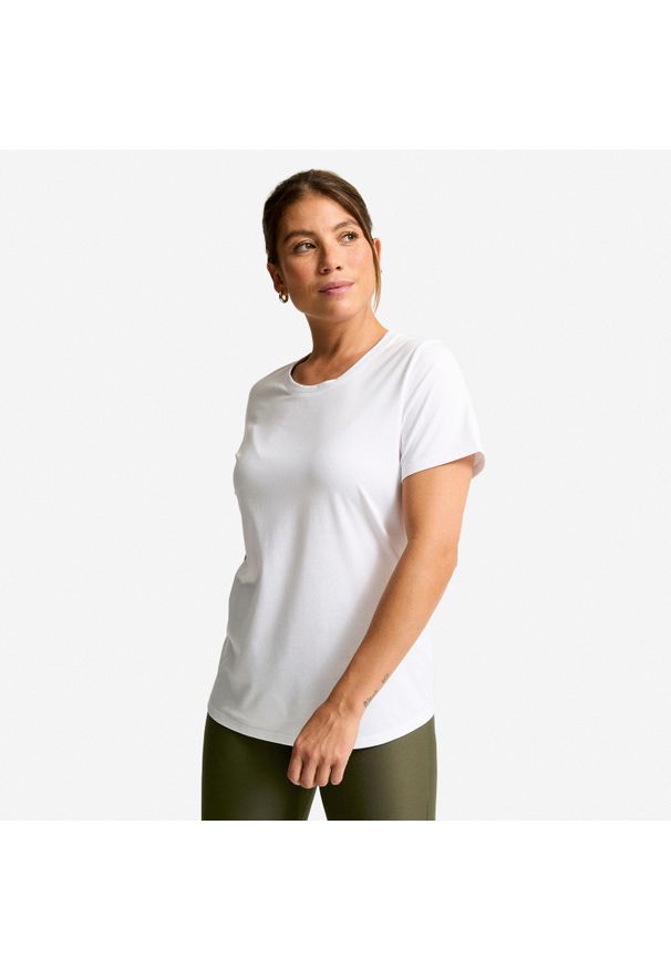 Decathlon - Koszulka fitness damska krótki rękaw Coolmax. Kolor: biały. Materiał: poliester, bawełna, materiał. Długość rękawa: krótki rękaw. Długość: krótkie. Sport: fitness