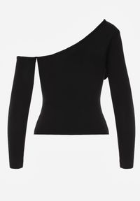 Renee - Czarna Bluzka z Wiskozy o Asymetrycznym Kroju z Aplikacją 3D z Kwiatem Cheleta. Okazja: na imprezę. Kolor: czarny. Materiał: wiskoza. Wzór: aplikacja, kwiaty #5