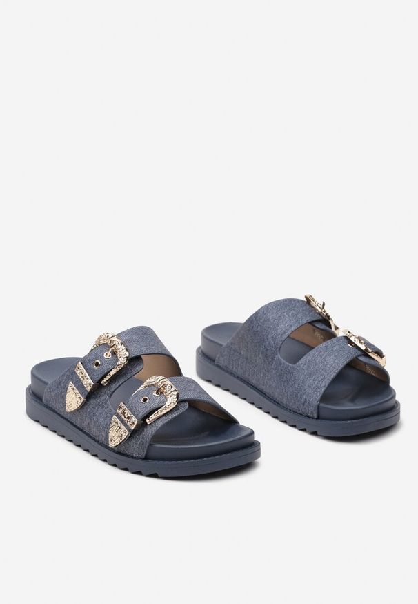 Born2be - Granatowe Płaskie Klapki z Regulowanymi Ozdobnymi Sprzączkami Lamicia. Kolor: niebieski. Materiał: len, jeans. Styl: klasyczny