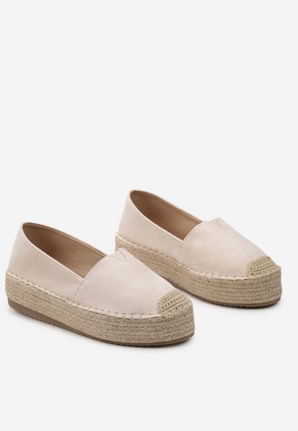 Renee - Beżowe Wsuwane Espadryle na Grubej Podeszwie z Jutowej Plecionki Alarnia. Okazja: na co dzień. Zapięcie: bez zapięcia. Kolor: beżowy. Materiał: len, jeans. Sezon: lato, wiosna. Styl: elegancki, casual