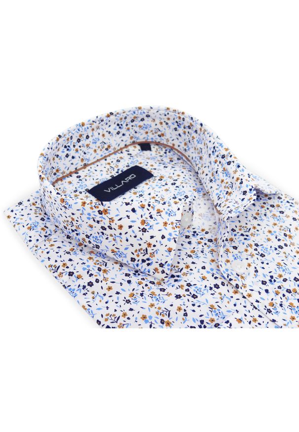 Mmer / Villaro - Koszule męskie - Biała koszula w drobne brązowo-granatowe kwiatki I079. Kolor: biały, brązowy, wielokolorowy, niebieski. Materiał: bawełna, elastan, tkanina. Długość: długie. Wzór: kwiaty