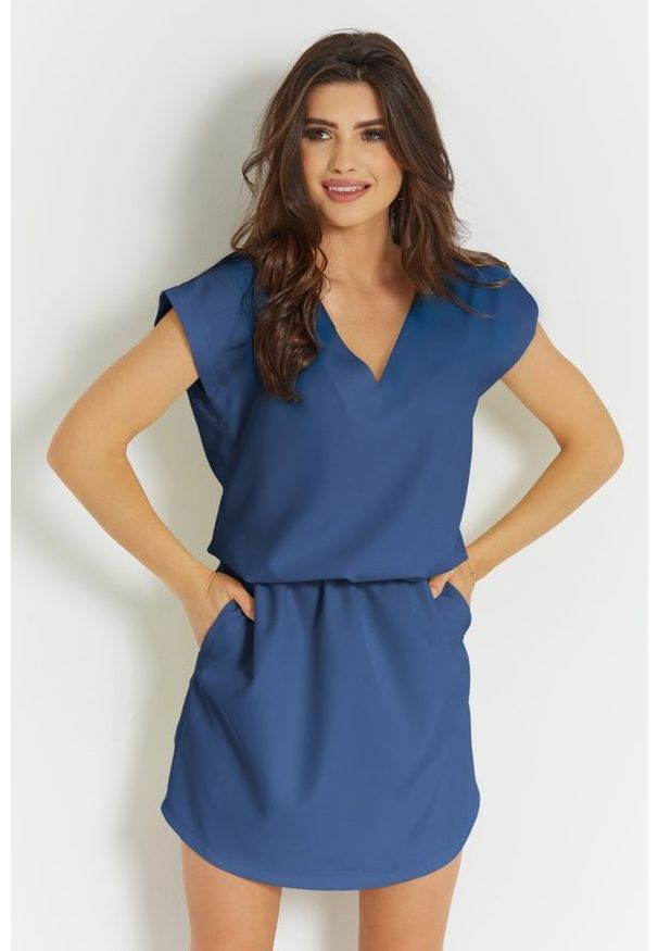e-margeritka - Sukienka mini z dekoltem niebieska - 34. Kolor: niebieski. Materiał: tkanina, poliester, materiał. Długość: mini