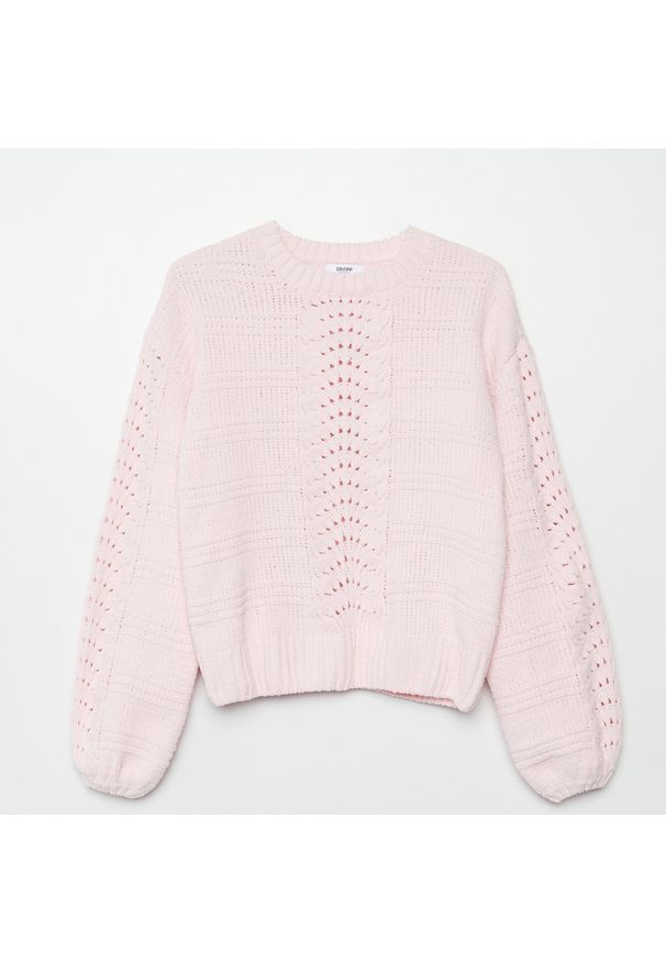 Cropp - Szenilowy sweter z ozdobnym splotem - Różowy. Kolor: różowy. Wzór: ze splotem