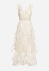 Born2be - Beżowa Sukienka z Kopertowym Dekoltem Wiązaniem na Plecach i Asymetrycznym Dołem z Siateczki Helolla. Okazja: na co dzień. Typ kołnierza: dekolt kopertowy. Kolor: beżowy. Materiał: jeans. Typ sukienki: asymetryczne, kopertowe. Styl: casual, elegancki #2