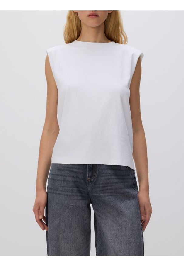 Reserved - T-shirt z poduszkami na ramionach - biały. Kolor: biały. Materiał: bawełna, dzianina