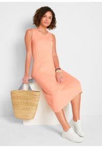 Sukienka z dżerseju z asymetryczną linią dołu i przeszyciem cienkimi gumkami bonprix brzoskwiniowy. Kolor: pomarańczowy. Materiał: jersey. Typ sukienki: asymetryczne #6