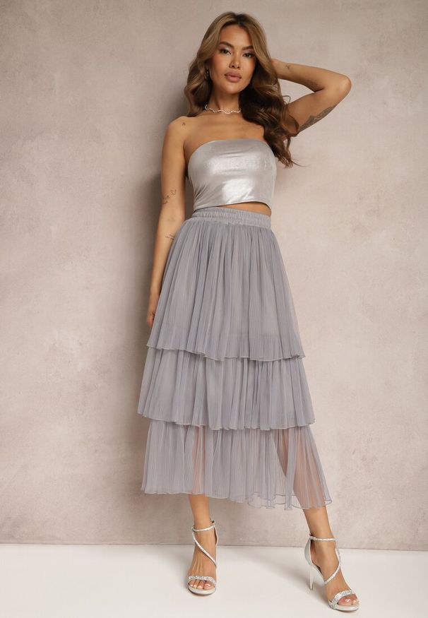 Renee - Szara Tiulowa Spódnica Rozkloszowana z Plisowaniem High Waist Eveleena. Stan: podwyższony. Kolor: szary. Materiał: tiul. Styl: wizytowy