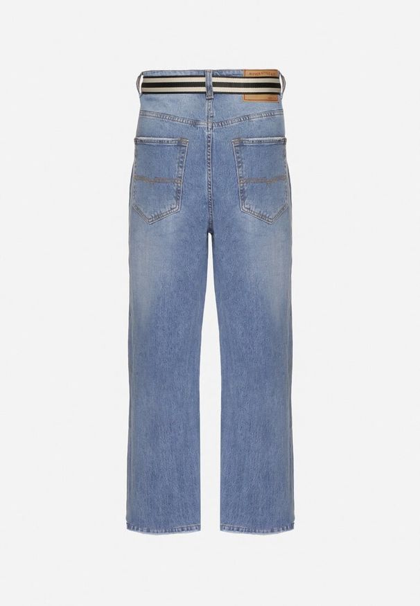 Born2be - Niebieskie Bawełniane Szerokie Jeansy Ozdobione Paskiem Leriseti. Kolor: niebieski. Wzór: aplikacja