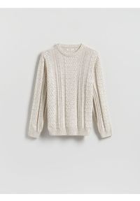 Reserved - Sweter z dekoracyjnym splotem - złamana biel. Materiał: dzianina, bawełna. Wzór: ze splotem