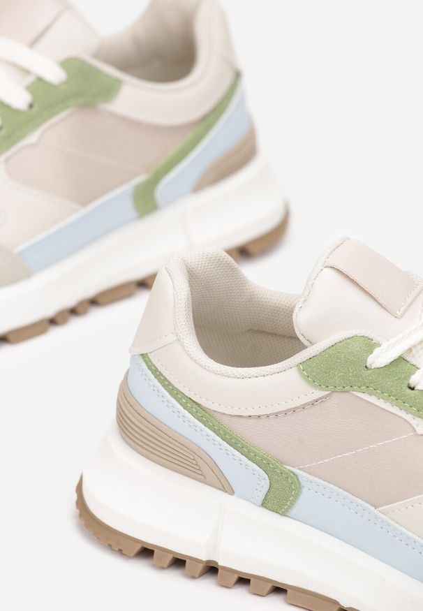 Renee - Zielono-Beżowe Sneakersy Sznurowane z Wstawkami Danielys. Wysokość cholewki: przed kostkę. Kolor: szary, beżowy. Materiał: materiał. Szerokość cholewki: normalna