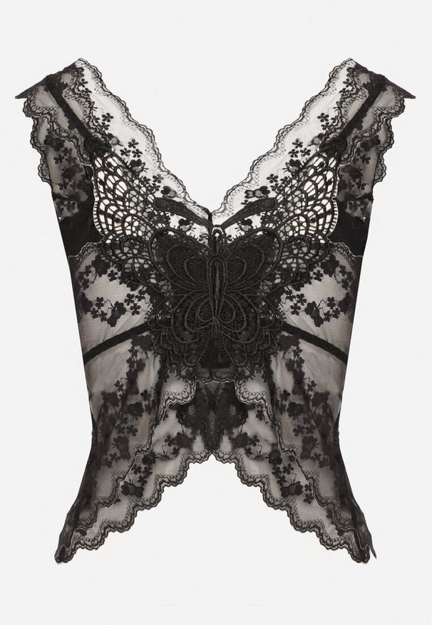 Born2be - Czarny Koronkowy Top z Odkrytymi Plecami Leriney. Okazja: na co dzień. Kolor: czarny. Materiał: koronka. Wzór: aplikacja. Styl: elegancki, casual, wizytowy