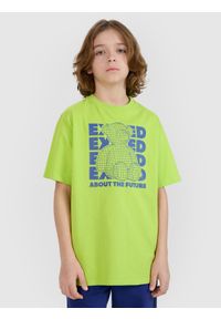 4f - 4F T-shirt oversize z nadrukiem chłopięcy - zielony 146 (10-11 lat). Okazja: na co dzień. Kolor: zielony. Materiał: dzianina, bawełna, jersey. Długość rękawa: krótki rękaw. Długość: krótkie. Wzór: nadruk. Sezon: lato. Styl: klasyczny, sportowy, casual
