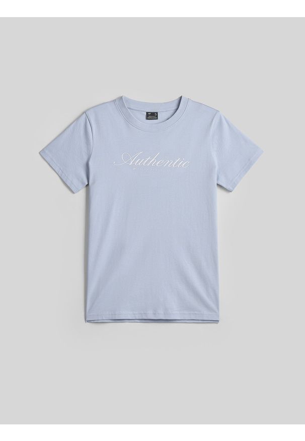 4f - 4F T-shirt regular z nadrukiem damski - niebieski L. Okazja: na co dzień, na spacer, do pracy. Kolor: niebieski. Materiał: materiał, bawełna. Wzór: nadruk. Styl: casual