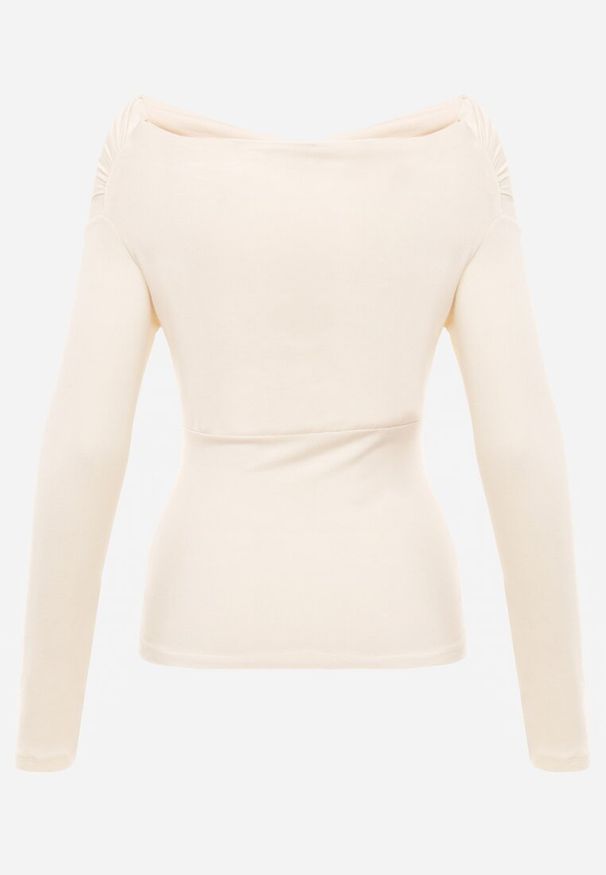 Renee - Beżowa Marszczona Bluzka z Bawełną i Dekoltem w Łódkę Orinlia. Typ kołnierza: dekolt w łódkę. Kolor: beżowy. Materiał: bawełna. Styl: elegancki