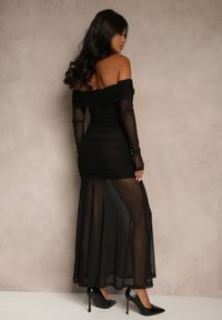 Renee - Czarna Koktajlowa Sukienka z Prześwitującymi Rękawami i Marszczeniem Haludea. Okazja: na imprezę. Kolor: czarny. Styl: wizytowy #4