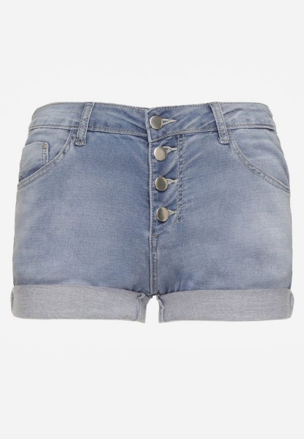 Renee - Niebieskie Jeansowe Szorty High Waist z Bawełną Wykończone Guzikami Nelithra. Okazja: na plażę, na co dzień, na spacer. Stan: podwyższony. Kolor: niebieski. Materiał: bawełna, jeans. Sezon: lato. Styl: casual, elegancki