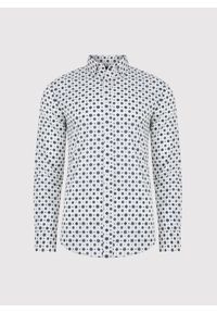 Pako Lorente - Biała koszula w niebieski wzór geometryczny. Kolor: biały, niebieski, wielokolorowy. Materiał: elastan, bawełna. Długość rękawa: długi rękaw. Długość: długie. Wzór: geometria #7