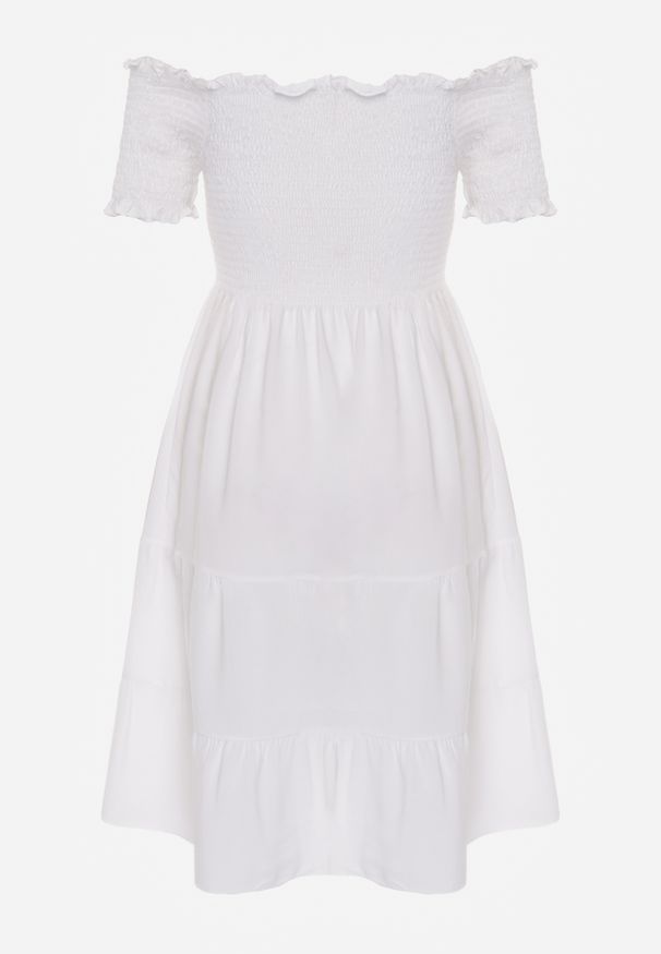 Renee - Biała Letnia Sukienka z Bawełny o Fasonie Hiszpanki z Rozkloszowanymi Falbanami Lorania. Okazja: na co dzień. Typ kołnierza: dekolt hiszpanka. Kolor: biały. Materiał: bawełna. Wzór: aplikacja. Sezon: lato. Styl: casual, elegancki