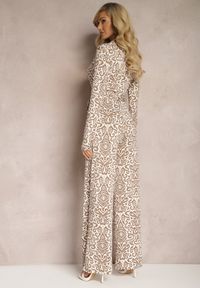 Renee - Beżowy Długi Kombinezon z Ornamentalnym Wzorem i Wiązanym Paskiem Feniti. Kolor: beżowy. Długość: długie. Styl: boho #3