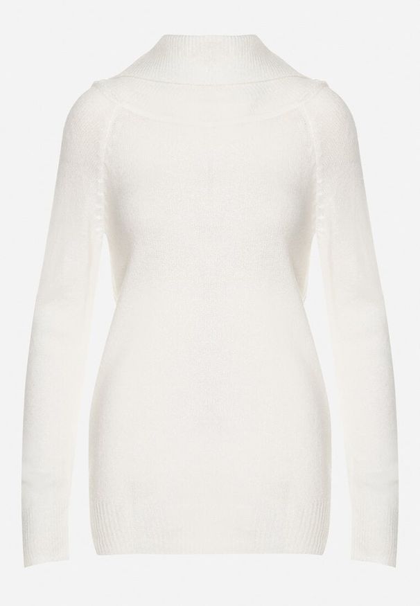Born2be - Jasnobeżowy Sweter z Wywiniętym Dekoltem Parira. Kolor: beżowy. Długość rękawa: długi rękaw. Długość: długie. Wzór: aplikacja, bez wzorów. Styl: elegancki