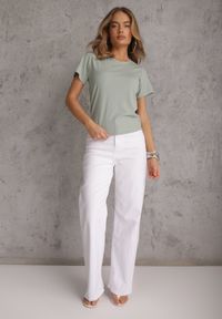 Renee - Ciemnozielony T-shirt Basic z Okrągłym Dekoltem Dolea. Okazja: na co dzień. Kolor: zielony. Materiał: jeans. Długość: krótkie. Wzór: gładki. Styl: casual #8