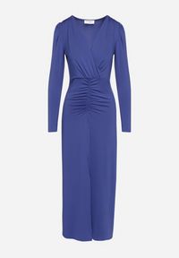 Born2be - Niebieska Elegancka Sukienka Kopertowa Ozdobiona Marszczeniami Zainara. Okazja: na spotkanie biznesowe, na imprezę. Typ kołnierza: dekolt kopertowy. Kolor: niebieski. Długość rękawa: długi rękaw. Wzór: aplikacja. Typ sukienki: kopertowe. Styl: elegancki #6