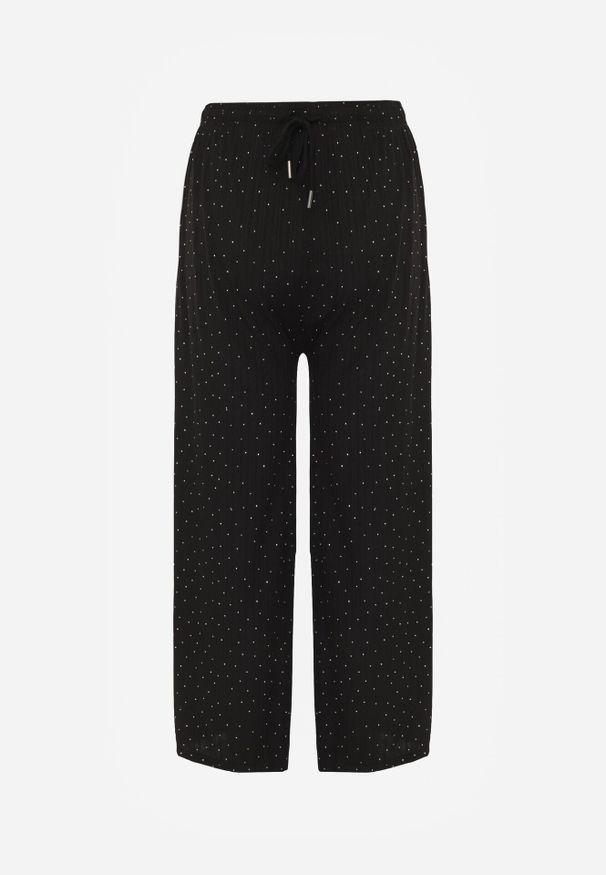 Born2be - Czarne Szerokie Spodnie z Bawełną Zdobione Cyrkoniami Azilene. Okazja: na co dzień. Stan: podwyższony. Kolor: czarny. Materiał: bawełna. Wzór: aplikacja. Styl: casual, klasyczny