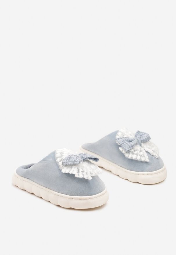 Renee - Szare Kapcie Vices na Grubej Podeszwie z Ozdobną Kokardą Tinnella. Okazja: do domu. Kolor: szary. Materiał: jeans