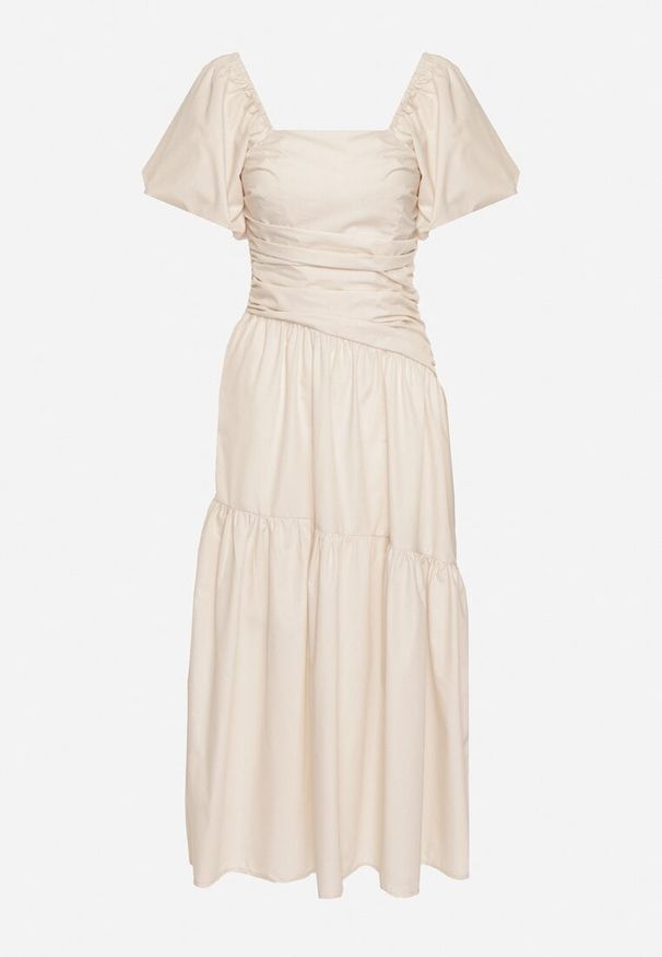 Born2be - Beżowa Rozkloszowana Marszczona Sukienka z Wiskozą i Bufiastymi Rękawami oraz Falbanką Larnovia. Okazja: na imprezę, na co dzień. Kolor: beżowy. Materiał: wiskoza. Typ sukienki: proste. Styl: casual, elegancki