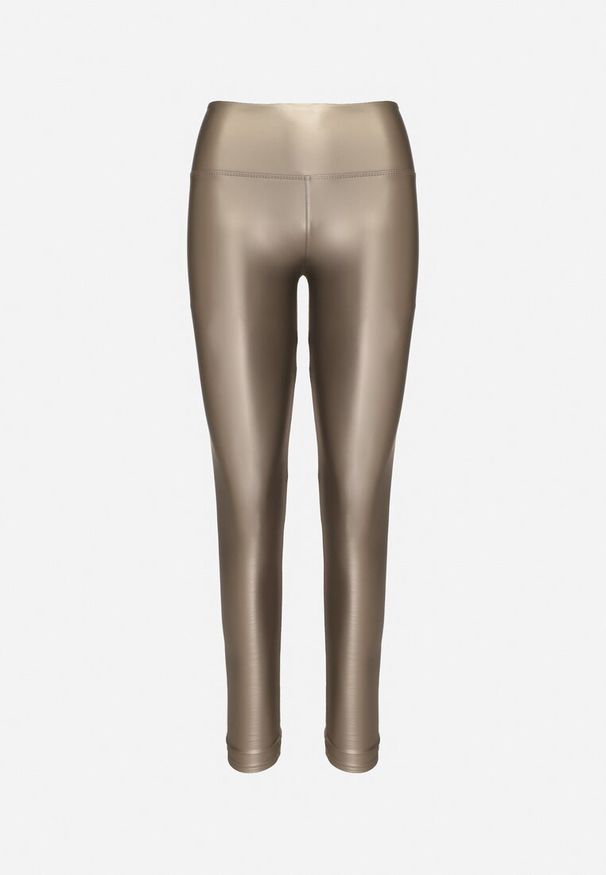 Born2be - Srebrne Legginsy z Ekoskóry z Wysokim Stanem i Polarem Labira. Okazja: na co dzień. Stan: podwyższony. Kolor: złoty. Materiał: polar. Wzór: aplikacja. Styl: casual, elegancki