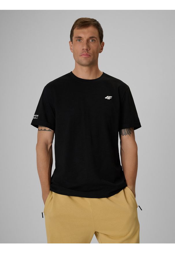 4f - 4F T-shirt regular gładki męski - czarny M. Okazja: na co dzień. Kolor: czarny. Materiał: bawełna, dzianina. Wzór: gładki. Styl: casual