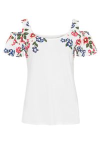 Shirt cold-shoulder z nadrukiem bonprix biel wełny w kwiaty. Kolor: biały. Materiał: wełna. Wzór: kwiaty, nadruk #1