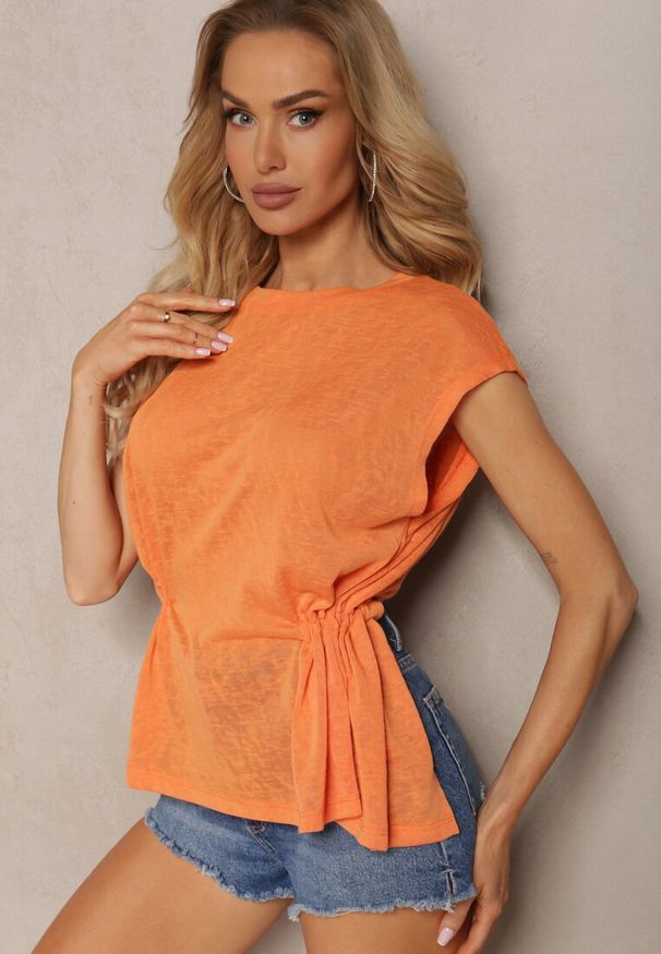 Renee - Pomarańczowy Top z Regulacją w Talii i Wiązaniem na Dole z Rozcięciem na Plecach Tiimaelin. Okazja: na co dzień. Kolor: pomarańczowy. Materiał: jeans. Styl: wizytowy, sportowy, elegancki, casual