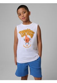 4f - 4F Koszulka bez rękawów loose z nadrukiem chłopięca - biała 152 (11-12 lat). Kolor: biały. Materiał: dzianina, bawełna, materiał. Długość rękawa: bez rękawów. Wzór: nadruk. Sezon: lato #1
