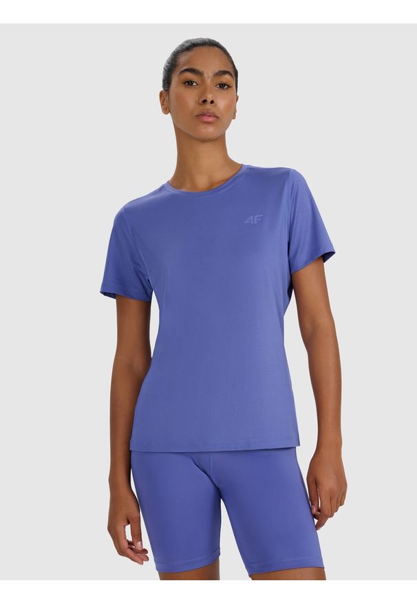 4f - 4F Koszulka treningowa regular szybkoschnąca damska - granatowa M. Kolor: niebieski. Materiał: materiał, włókno, elastan, poliester. Długość rękawa: krótki rękaw. Długość: krótkie. Wzór: gładki, ze splotem. Sport: fitness