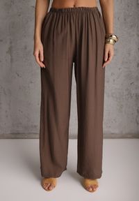 Renee - Ciemnobeżowy Komplet z Wiskozy Spodnie Wide Leg i Bluzka ze Ściągaczem w Talii Daemnell. Kolor: beżowy. Materiał: wiskoza #4