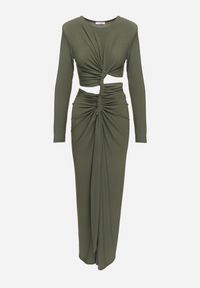 Born2be - Ciemnobeżowa Sukienka Koktajlowa Ozdobiona Wycięciem Marszczeniem w Talii i Rozcięciem na Nogę Ilizia. Okazja: na imprezę. Kolor: beżowy. Wzór: aplikacja. Typ sukienki: proste. Styl: wizytowy #4