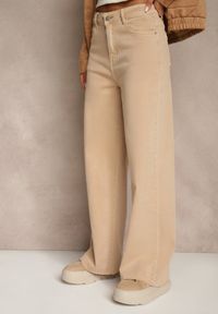 Renee - Beżowe Jeansy High Waist Wide Leg z Surowo Zakończonymi Nogawkami Rhelnell. Okazja: na co dzień. Stan: podwyższony. Kolor: beżowy. Styl: casual #1