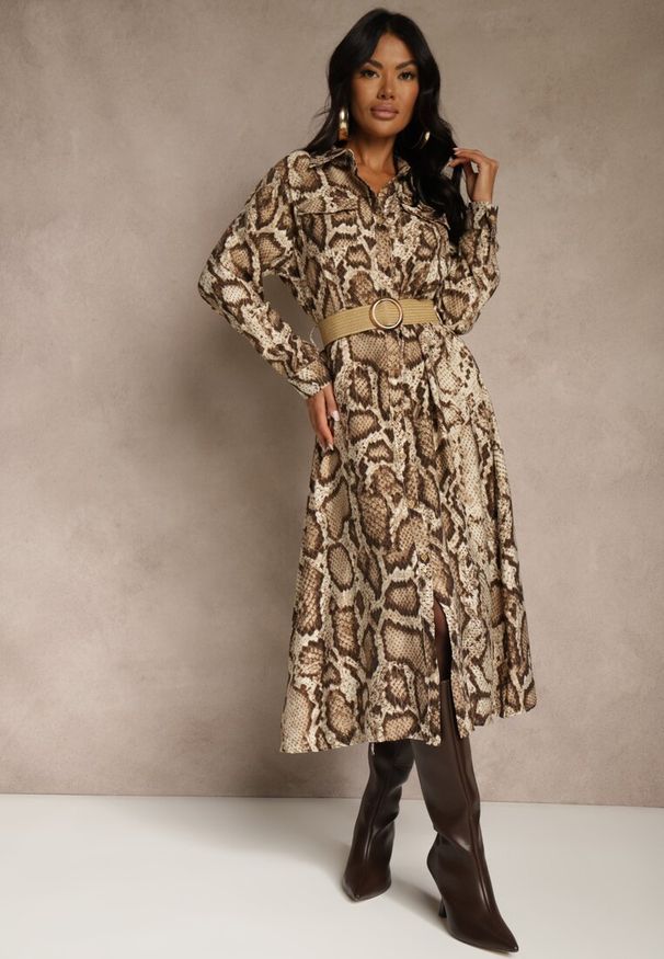 Renee - Brązowa Koszulowa Sukienka Snake Print z Wiskozą i Paskiem Bririn. Okazja: na co dzień. Kolor: brązowy. Materiał: wiskoza. Wzór: nadruk. Typ sukienki: koszulowe. Styl: casual