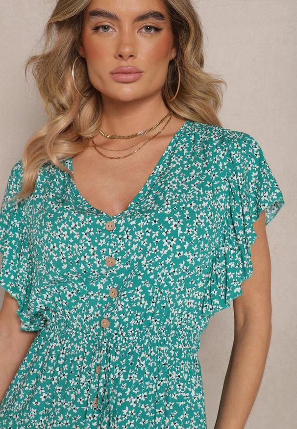 Renee - Zielona Rozkloszowana Sukienka z Bawełny z Gumką w Pasie w Drobne Kwiaty Pulinea. Okazja: na co dzień. Typ kołnierza: dekolt w serek. Kolor: zielony. Materiał: bawełna. Długość rękawa: krótki rękaw. Wzór: kwiaty. Sezon: lato, wiosna. Styl: elegancki, casual